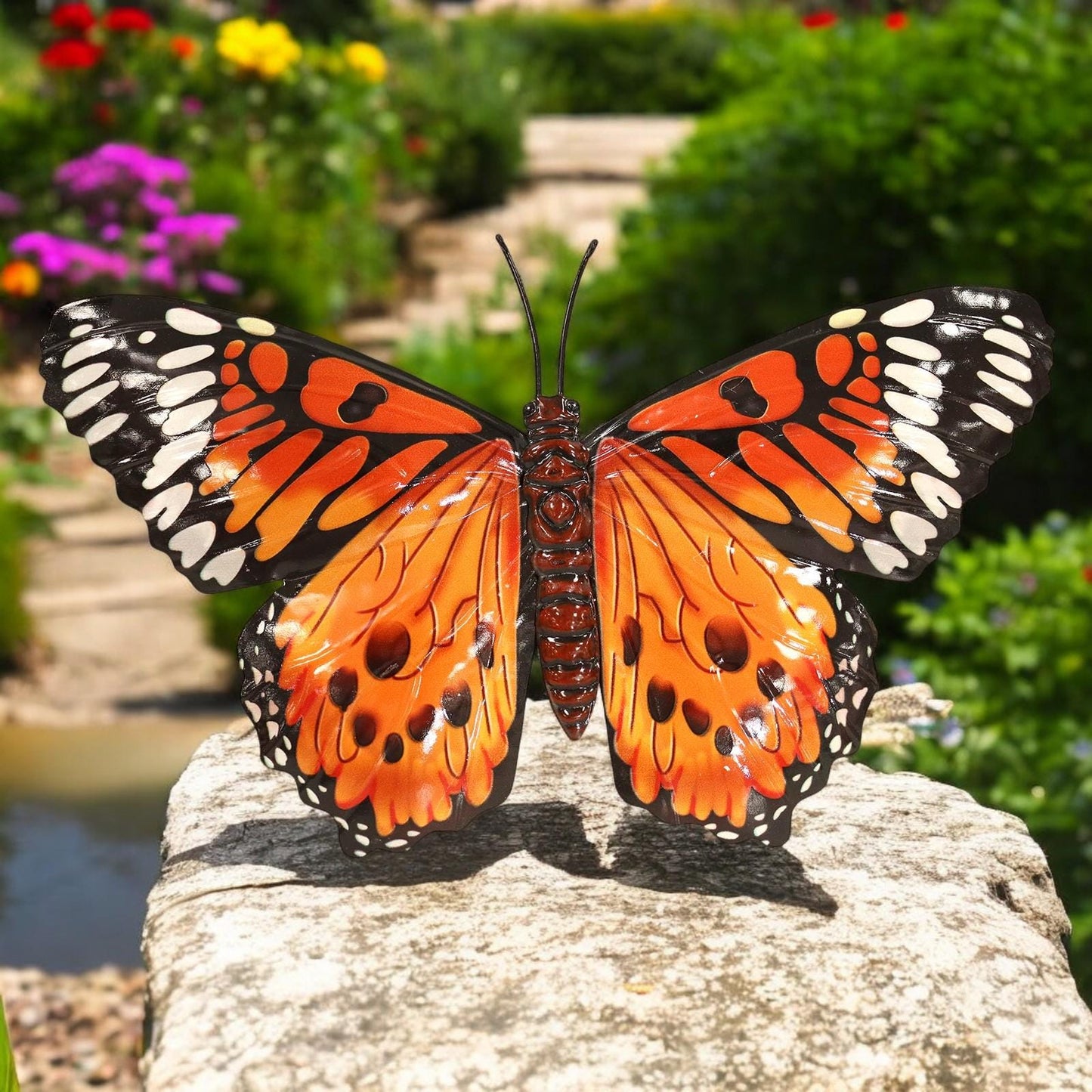 Medium Metal Orange Butterfly Wall Art – 23 x 34 x 1 CM | 3D Hand-Painted Metal Butterfly Decoration | Weatherproof Indoor & Outdoor