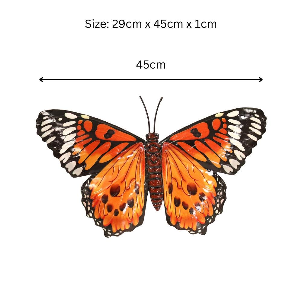 Large Metal Orange Butterfly Wall Art – 32 x 49 x 1 CM | 3D Hand-Painted Metal Butterfly Décor | Indoor & Outdoor
