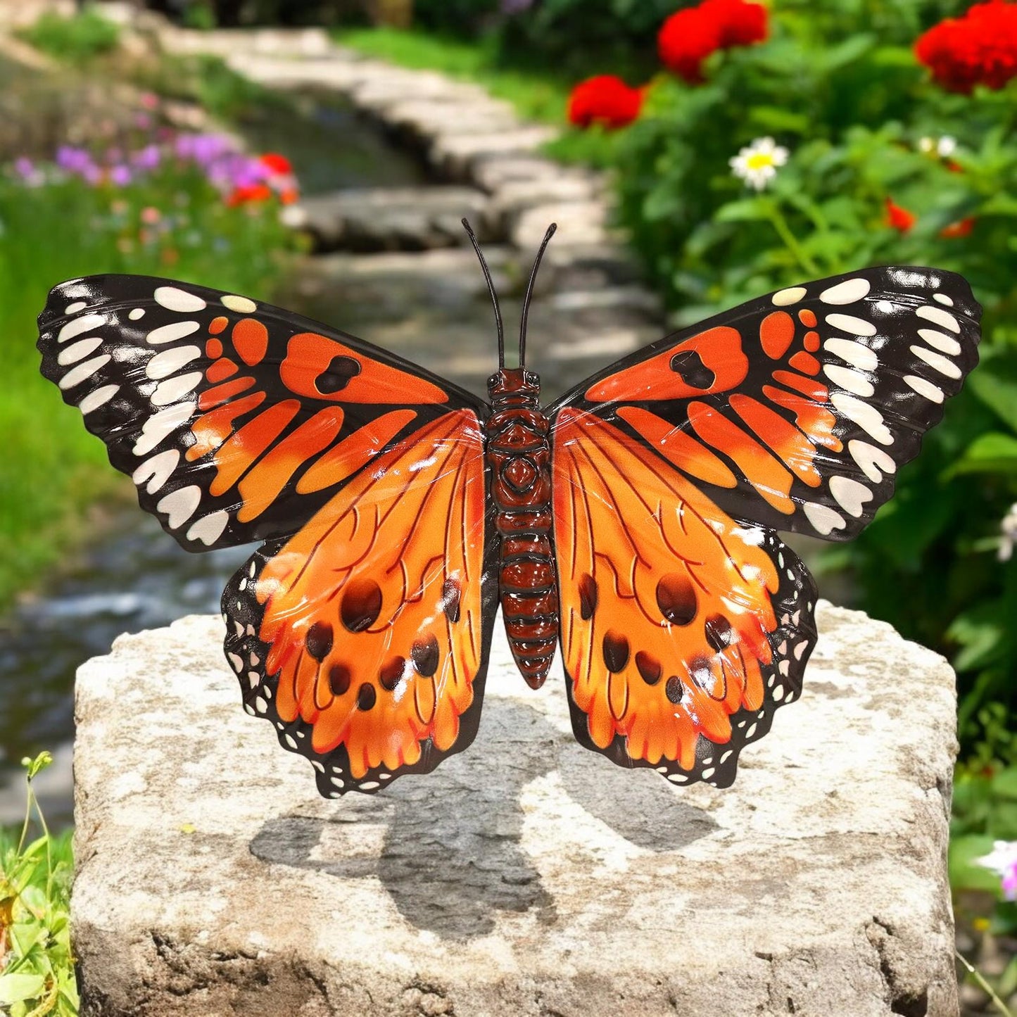 Large Metal Orange Butterfly Wall Art – 32 x 49 x 1 CM | 3D Hand-Painted Metal Butterfly Décor | Indoor & Outdoor