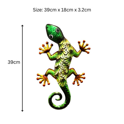 Metallic Green Gecko Wall Art – 39 x 18 x 3.2 CM | Hand-Painted Metal Lizard Decor for Indoor & Outdoor