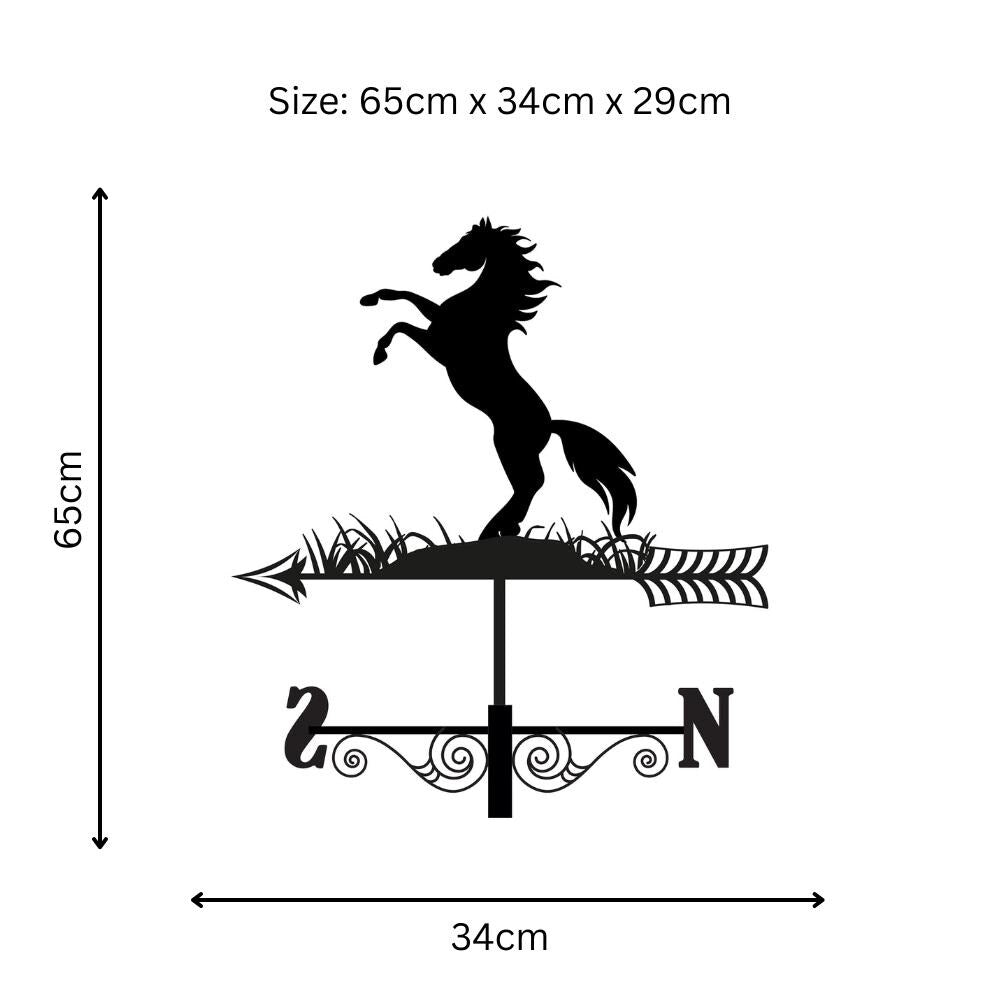 Metal Rearing Horse Silhouette Weathervane – 65 x 34 x 29 CM | Decorative Outdoor Wind Vane for Garden, Roof, Fence & Shed