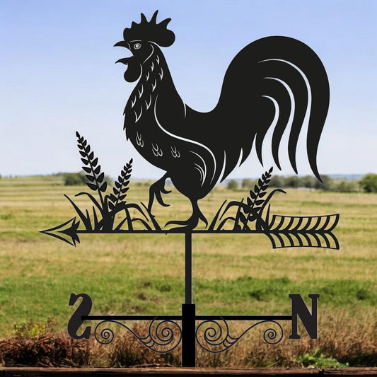 Metal Cockerel Silhouette Weathervane – 65 x 34 x 29 CM | Decorative Rooster Wind Vane for Garden, Barn, Roof & Fence