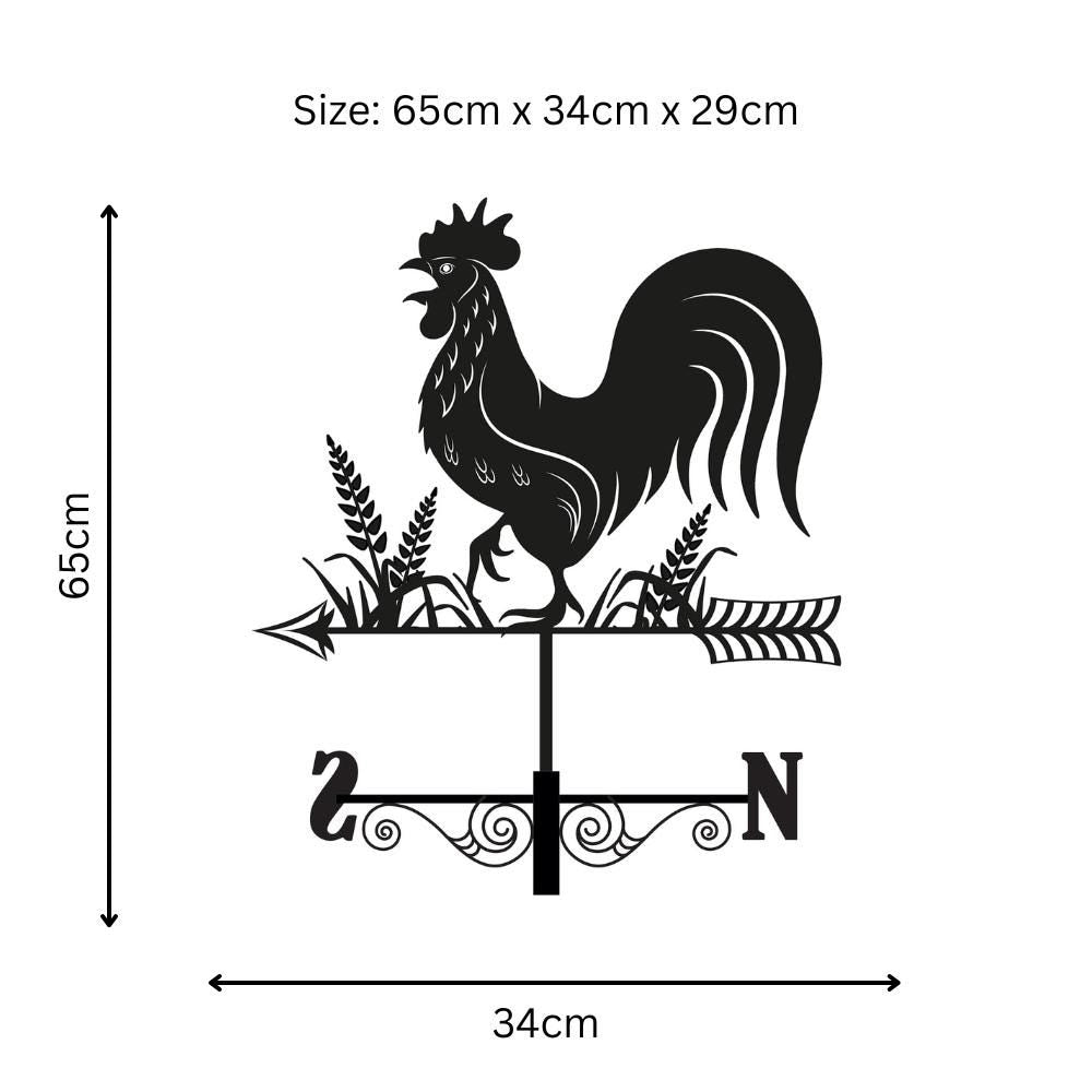 Metal Cockerel Silhouette Weathervane – 65 x 34 x 29 CM | Decorative Rooster Wind Vane for Garden, Barn, Roof & Fence
