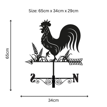 Metal Cockerel Silhouette Weathervane – 65 x 34 x 29 CM | Decorative Rooster Wind Vane for Garden, Barn, Roof & Fence