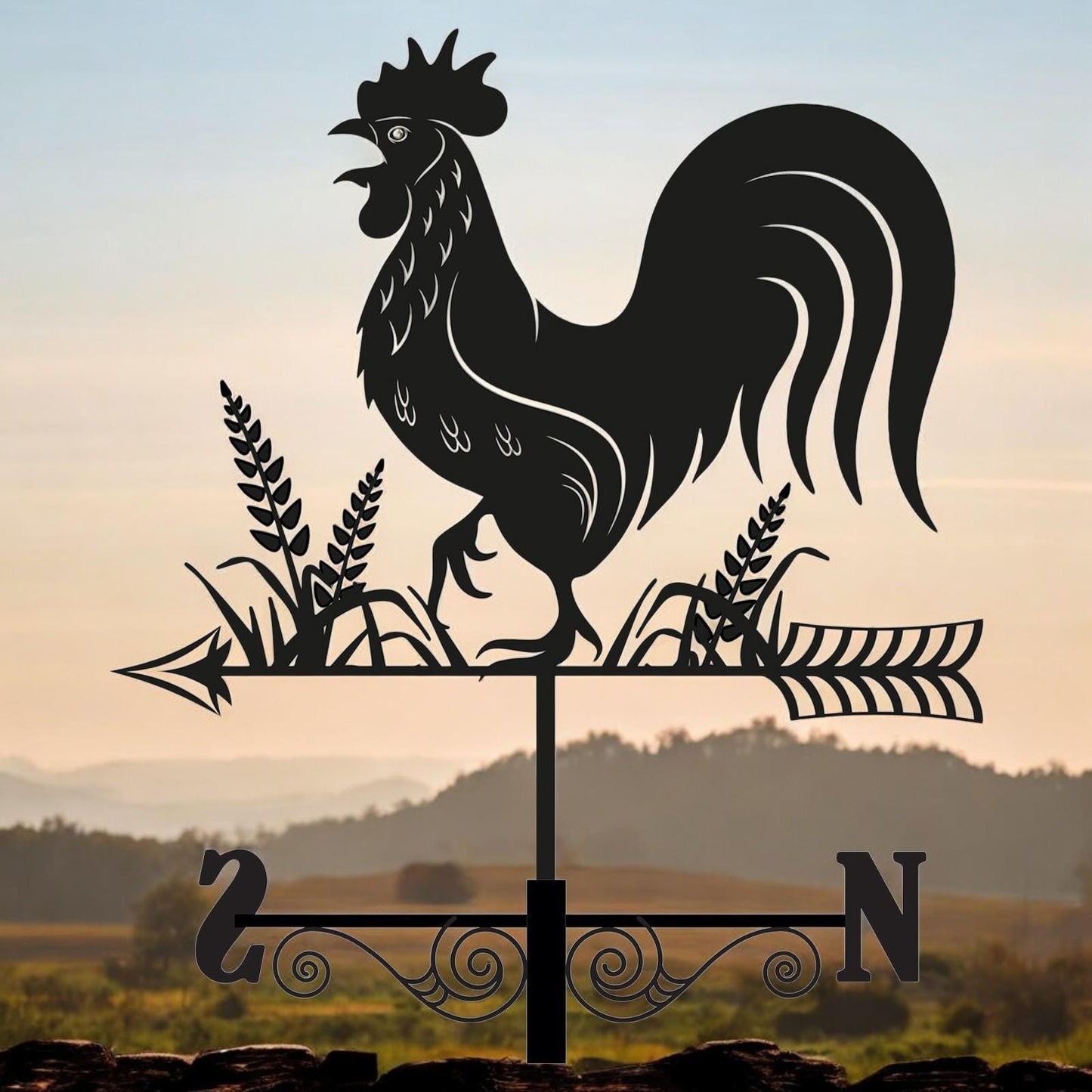 Metal Cockerel Silhouette Weathervane – 65 x 34 x 29 CM | Decorative Rooster Wind Vane for Garden, Barn, Roof & Fence