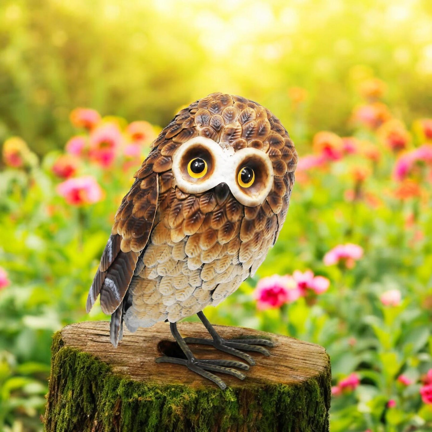 Small Metal Standing Brown Owl – 28 x 20 x 13 CM | Rustic Garden Owl Ornament | Handcrafted