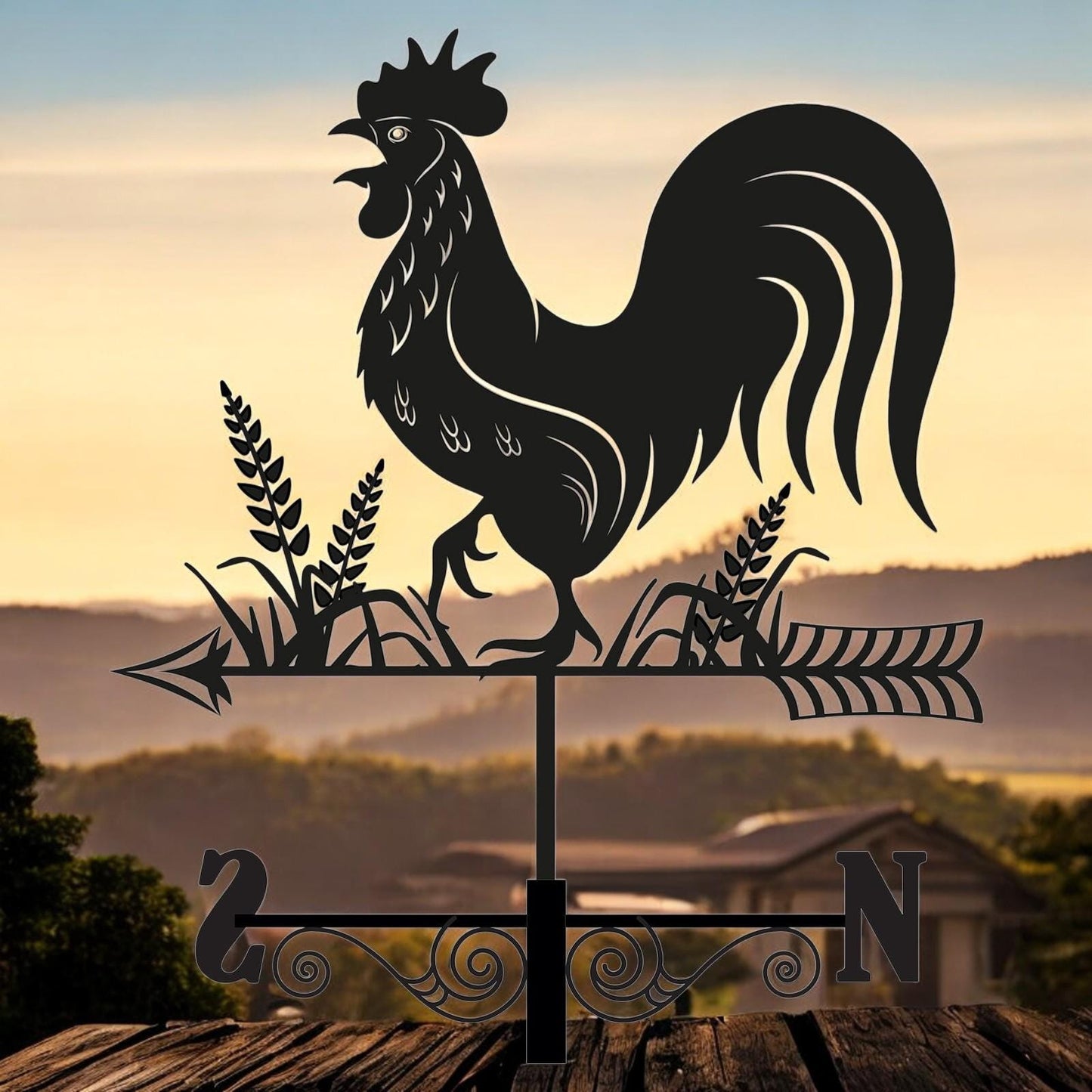 Metal Cockerel Silhouette Weathervane – 65 x 34 x 29 CM | Decorative Rooster Wind Vane for Garden, Barn, Roof & Fence
