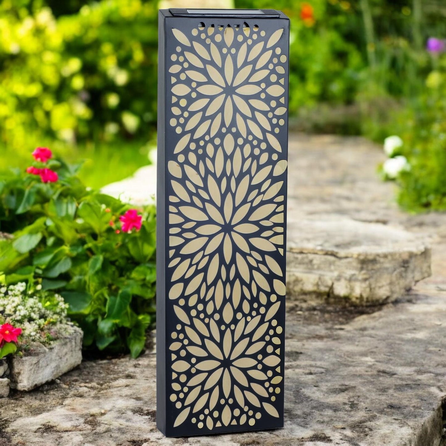 Metal Flower Solar Wall Panel – 60 x 20 x 5 CM | Solar-Powered Outdoor Wall Art | Weatherproof Metal Garden Decor