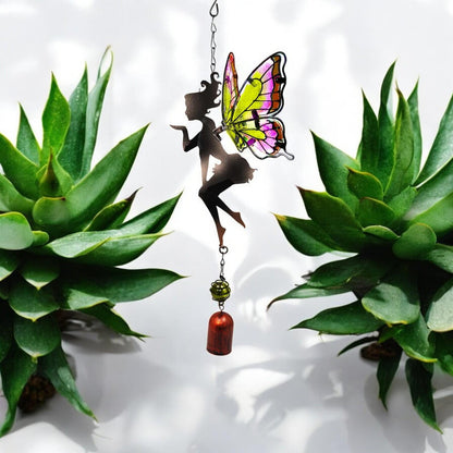 Pink/Yellow Hanging Fairy Bell Chime - Soothing Fairy Bell with Delicate Chimes & Vibrant Design – Weather-Resistant Metal Hanging Ornament
