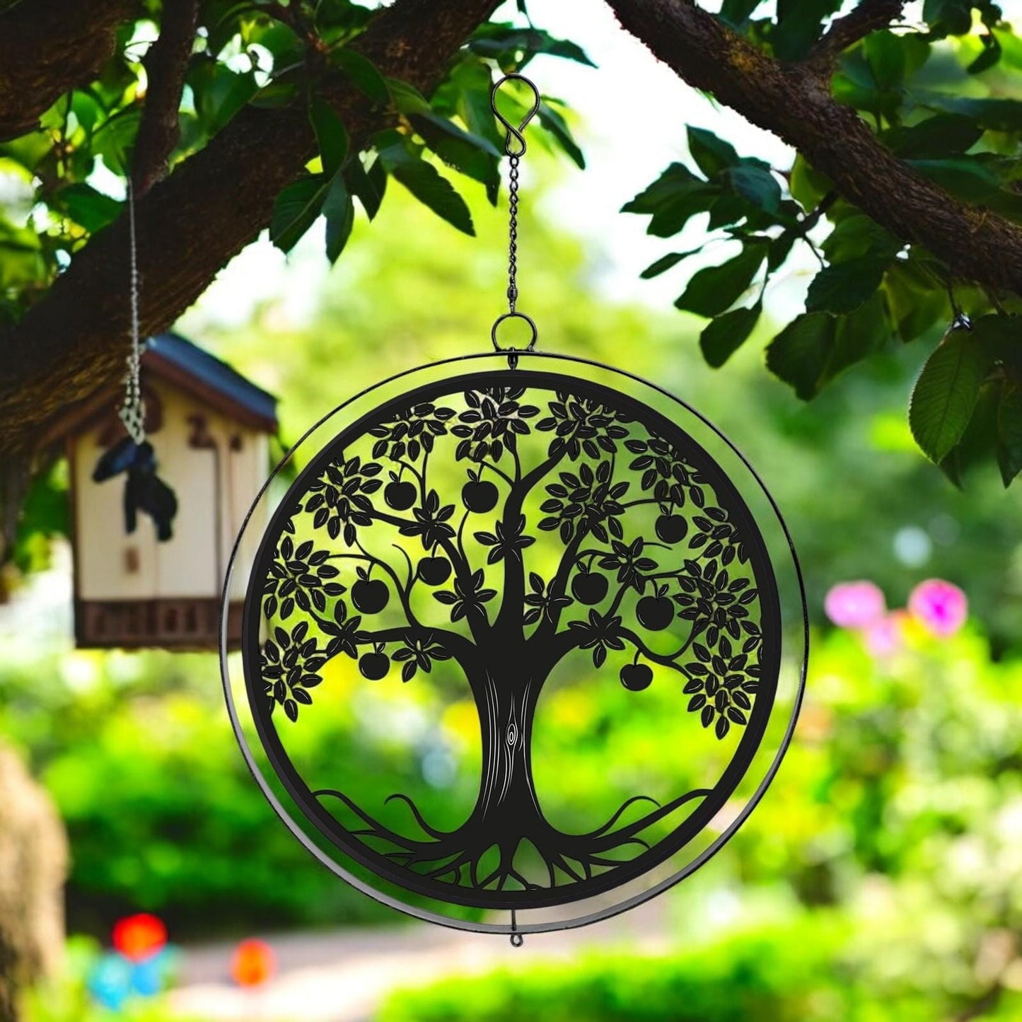 Black Metal Apple Tree Spinner Hanging Silhouette Décor for Garden Patio Backyard Nature Lover Gift