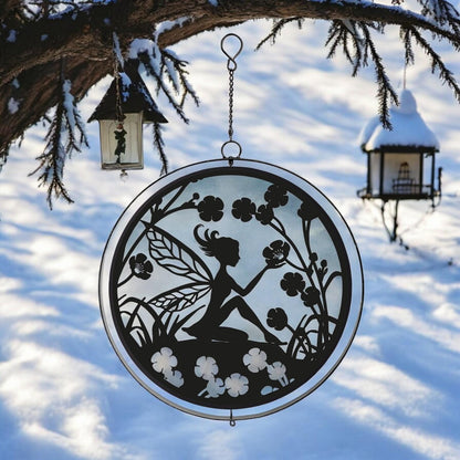 Black Metal Fairy Silhouette Orbit Spinner Decor for Garden  Patio - Enchanting Outdoor Wind Spinner Art