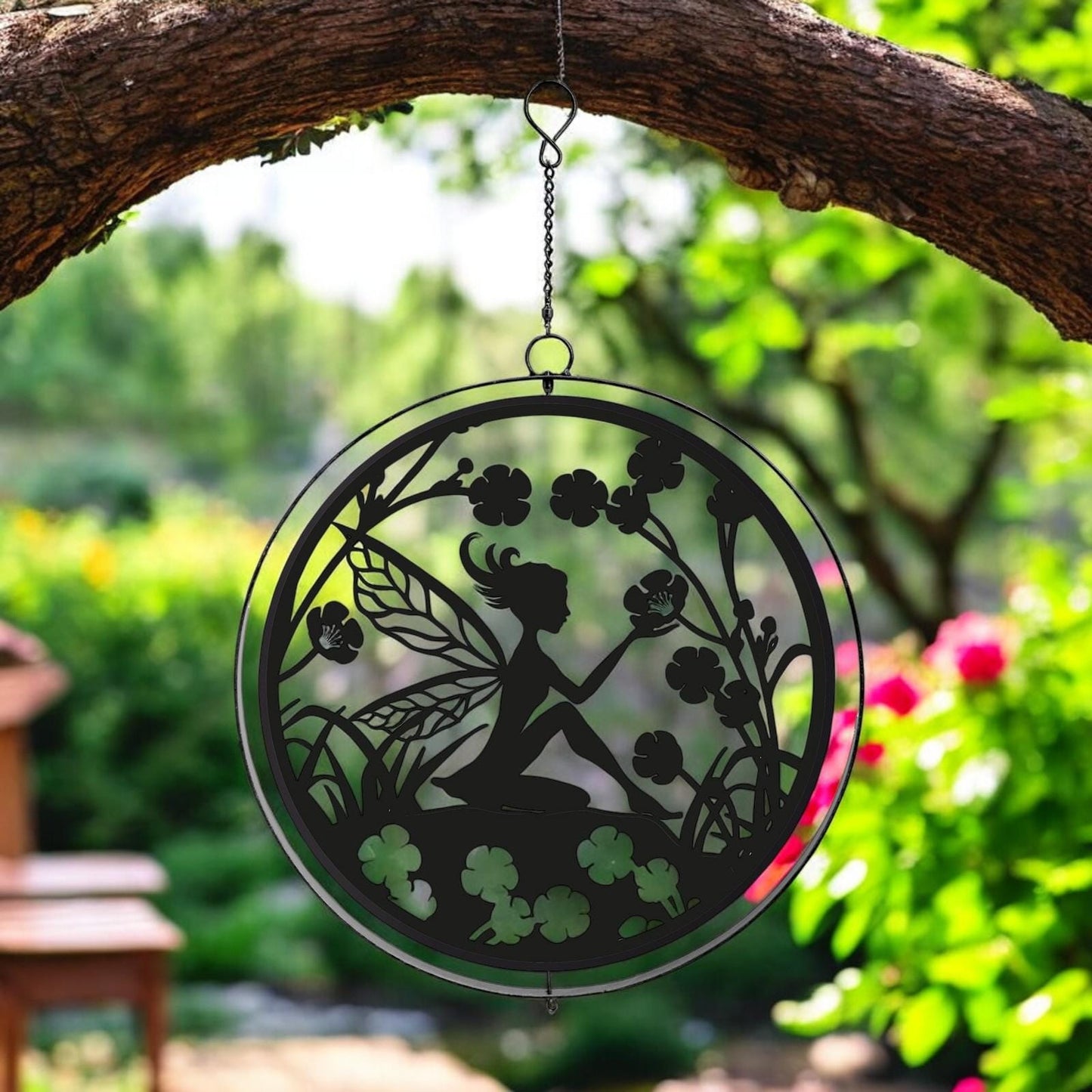 Black Metal Fairy Silhouette Orbit Spinner Decor for Garden  Patio - Enchanting Outdoor Wind Spinner Art