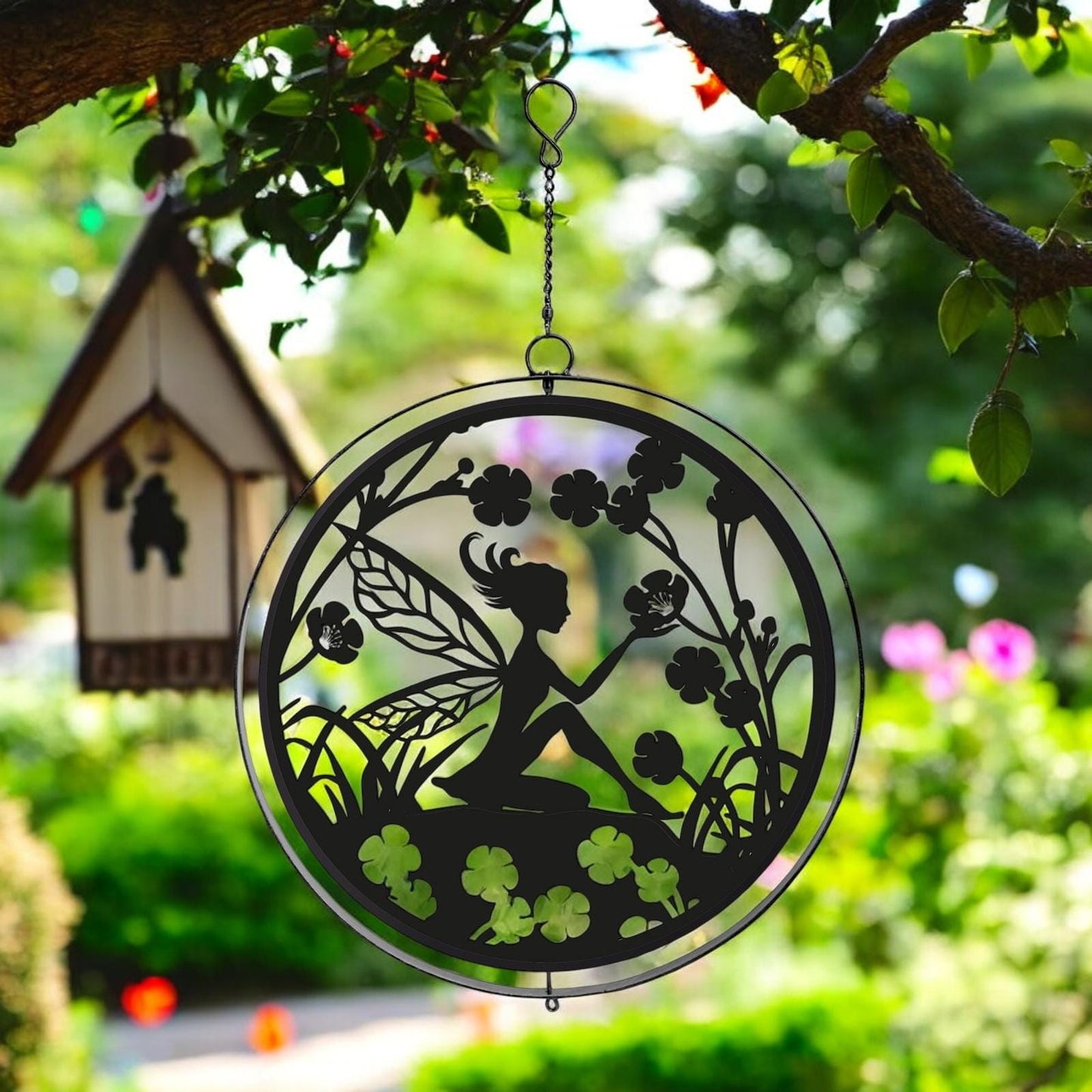Black Metal Fairy Silhouette Orbit Spinner Decor for Garden  Patio - Enchanting Outdoor Wind Spinner Art