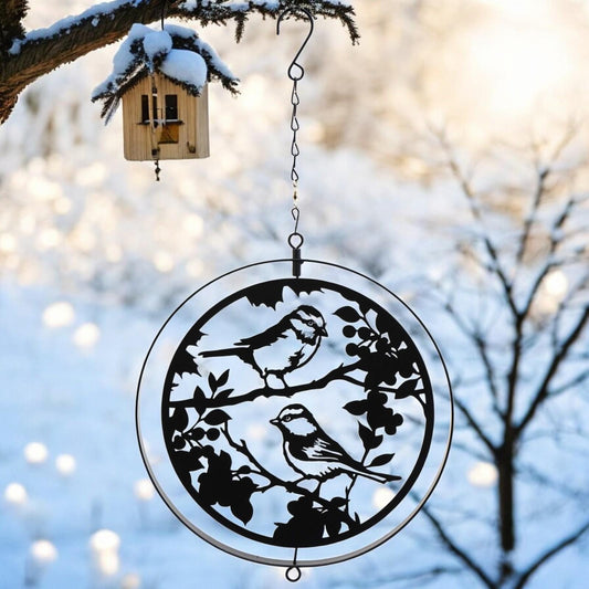 Black Metal Blue Tit Orbit Spinner - Elegant Kinetic Silhouette Décor for Indoor  Outdoor Spaces