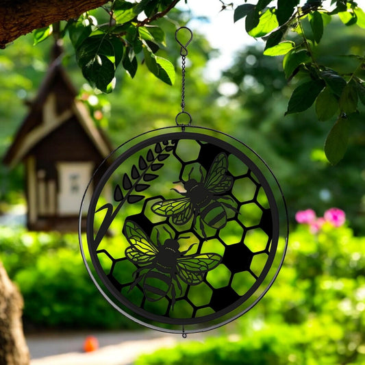 Enchanting Black Metal Honey Bee Spinner Hanging Silhouette Garden Decoration for Outdoor Spaces