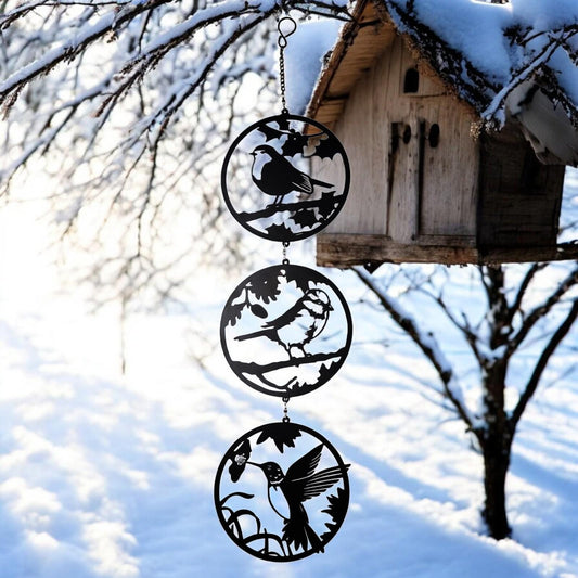 Black Bird Silhouette Hanging Spinner Trio - Metal Art for Elegant Outdoor Garden Décor - Charming Spinners for Serenity  Delight
