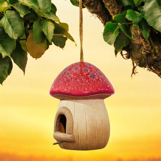 Hand painted Red Terracotta Mushroom Bird House - Garden Décor, Fairy Cottage Style, Outdoor Hanging Birdhouse