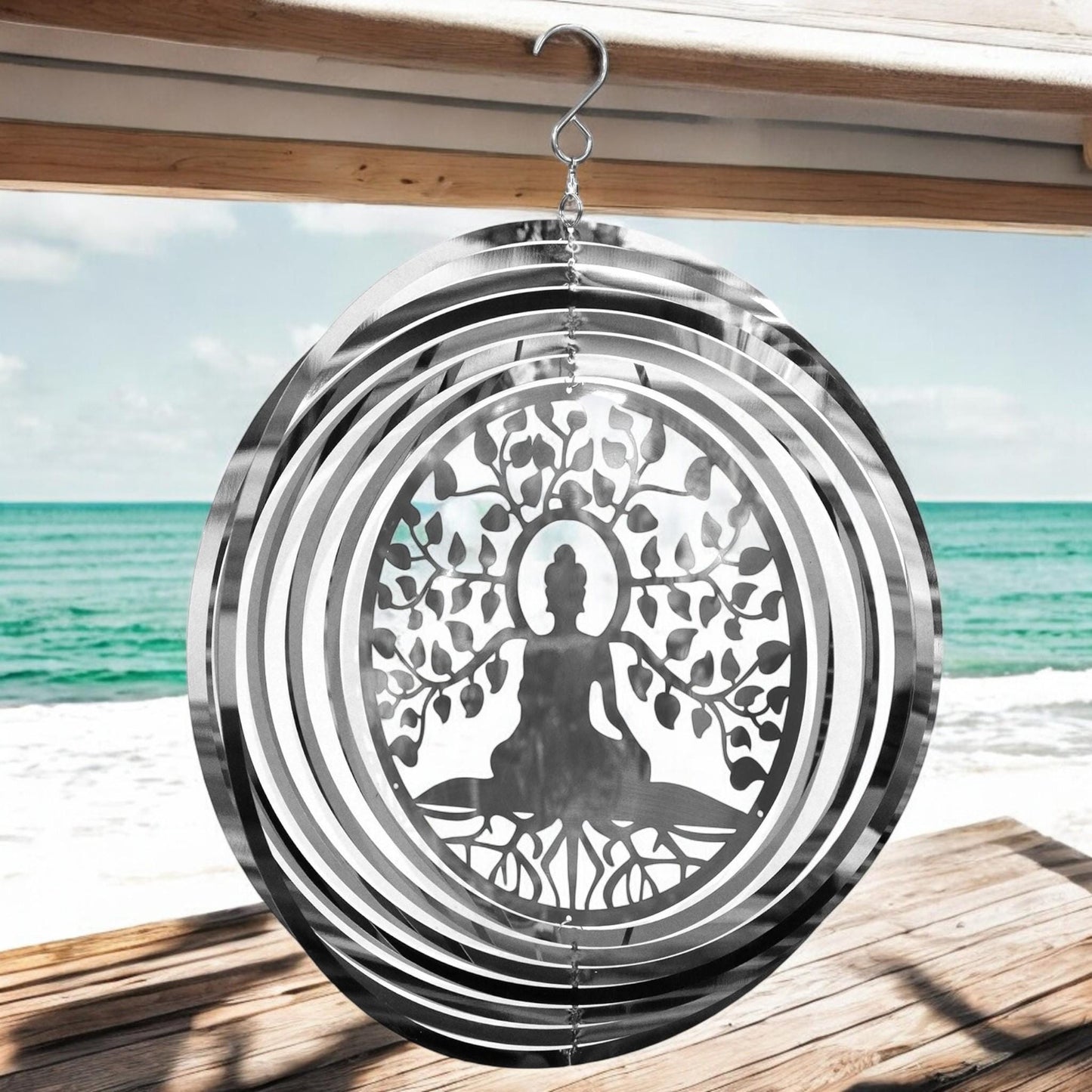 Buddha Wind Spinner - Stainless Steel Hanging Garden Décor, Zen Outdoor Metal Art, Spiritual Yard Ornament, Kinetic Spinner, Meditation Gift