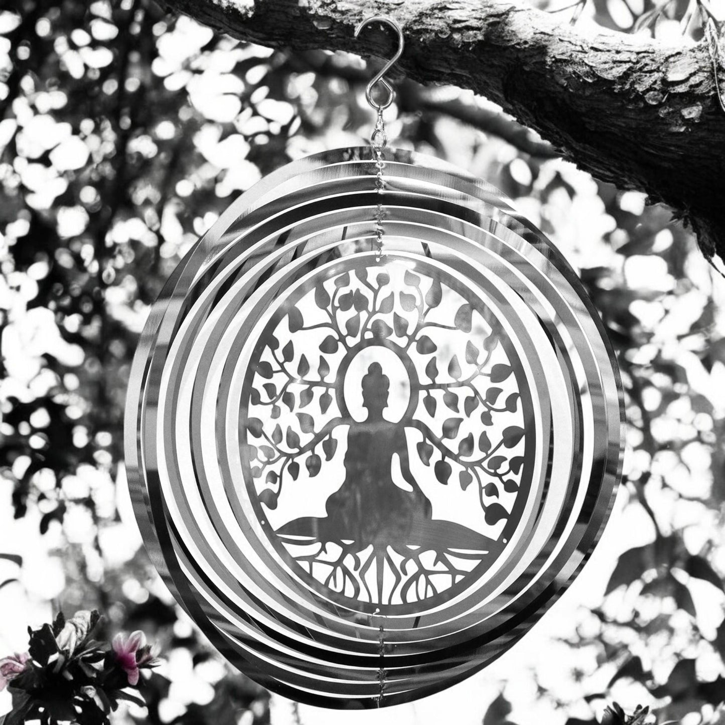 Buddha Wind Spinner - Stainless Steel Hanging Garden Décor, Zen Outdoor Metal Art, Spiritual Yard Ornament, Kinetic Spinner, Meditation Gift