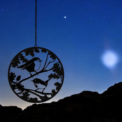 Black Robin and Wren Hanging Mirror Silhouette, Bird Wall Art for Home & Garden Décor