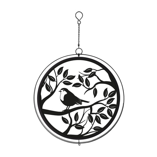 Metal Robin in Tree Silhouette Wind Spinner Garden Ornament - Black 28cm - Eye-Catching Art for Outdoor Spaces
