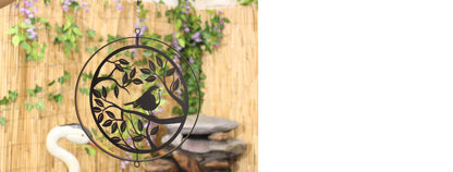 Metal Robin in Tree Silhouette Wind Spinner Garden Ornament - Black 28cm - Eye-Catching Art for Outdoor Spaces