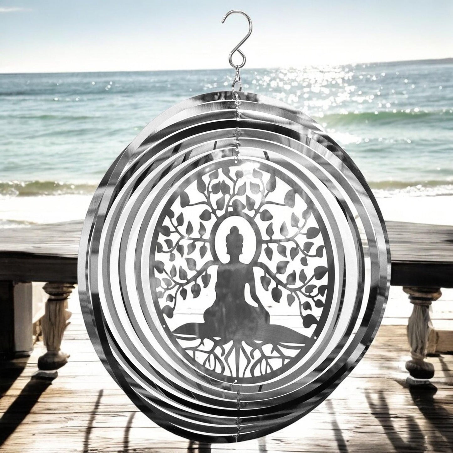 Buddha Wind Spinner - Stainless Steel Hanging Garden Décor, Zen Outdoor Metal Art, Spiritual Yard Ornament, Kinetic Spinner, Meditation Gift