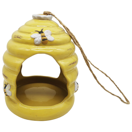 Yellow Ceramic Honey Pot Bird Feeder | Decorative Outdoor Garden Feeder for Bird