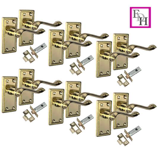 Georgian Style Scroll Brass Finish Internal  Door Handles, 6 Pairs + Latch