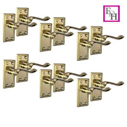 Georgian Style Scroll Brass Finish Internal  Door Handles, 6 Pairs + Latch