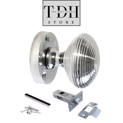 Chrome Door Knobs  Ribbed Silver Interior Mortice Handles with Tubular Latch