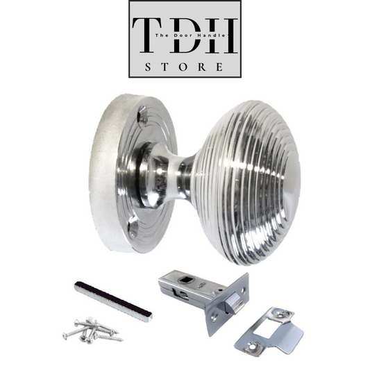 Chrome Door Knobs  Ribbed Silver Interior Mortice Handles with Tubular Latch