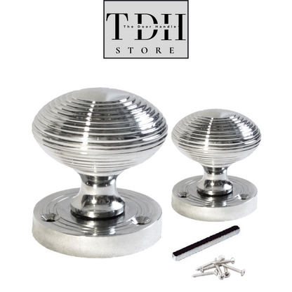 Chrome Door Knobs  Ribbed Silver Interior Mortice Handles with Tubular Latch