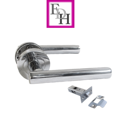 Modern Chrome Straight T-Bar Door Handles with Round Rose + Tubular Latch