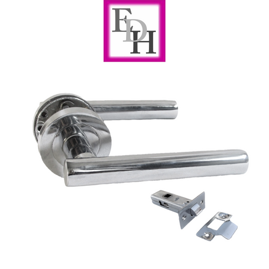 Modern Chrome Straight T-Bar Door Handles with Round Rose + Tubular Latch