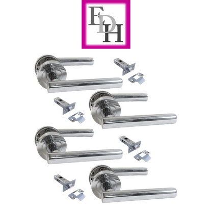 Modern Chrome Straight T-Bar Door Handles with Round Rose + Tubular Latch