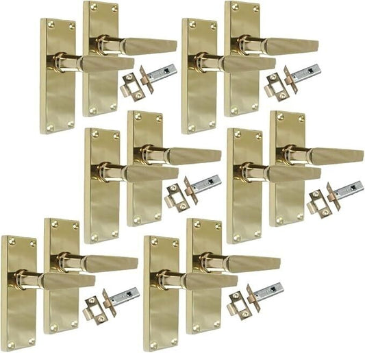 Interior Door Handles Victorian Straight Lever Latch Brass Finish + Tubular Latch, 6 Pairs