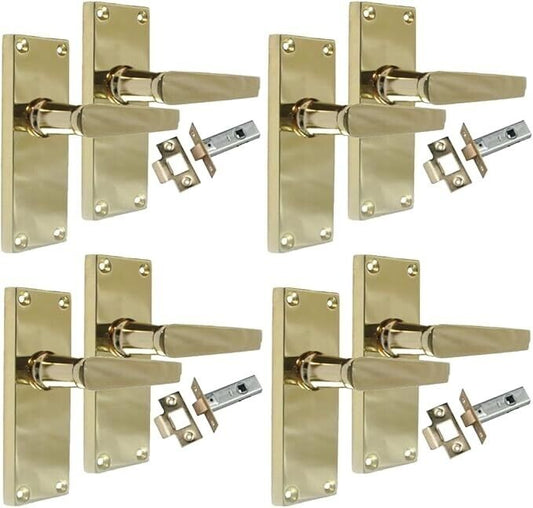 InteriorDoor Handles Victorian Straight Lever Latch Brass Finish + Tubular Latch, 4 Pairs