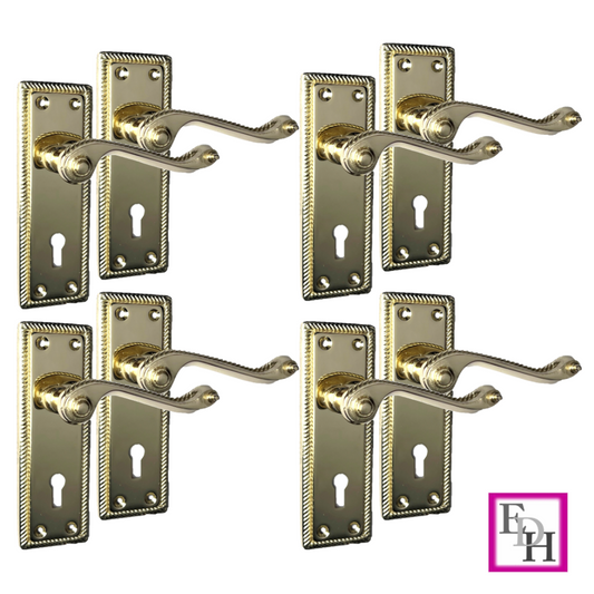 Georgian Style Scroll Brass Finish Door Handles, Internal Door Handles, 4 Pairs