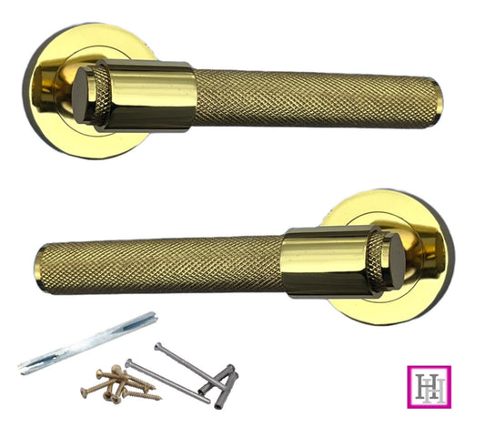 Knurled Door Handles Polished Brass Loop & Neck On Round Rose Latch Handle, 6 Pairs