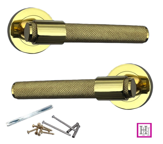 Knurled Door Handles Polished Brass Loop & Neck On Round Rose Latch Handle, 4 Pairs