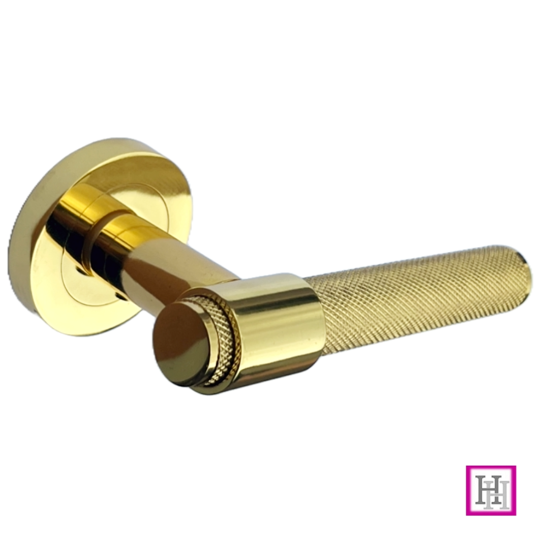 Knurled Door Handles Polished Brass Loop & Neck On Round Rose Lach Handle