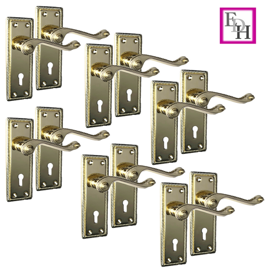 Georgian Style Scroll Brass Finish Door Handles, 6 Pairs