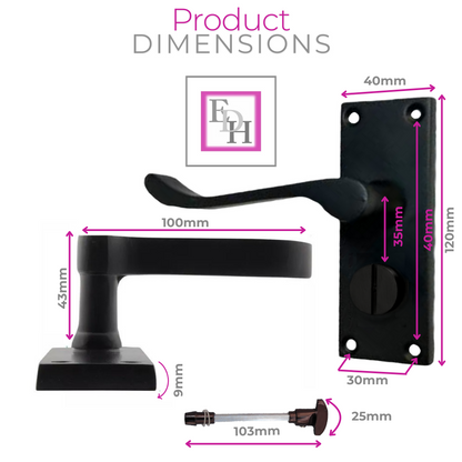 Victorian Scroll Matt Black Bathroom Privacy Lock Door Handles 1 Pair