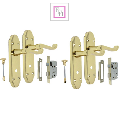 Brass Finish Epsom Victorian Scroll on Shaped Back Plate Lock Door Handle 2 Pair
