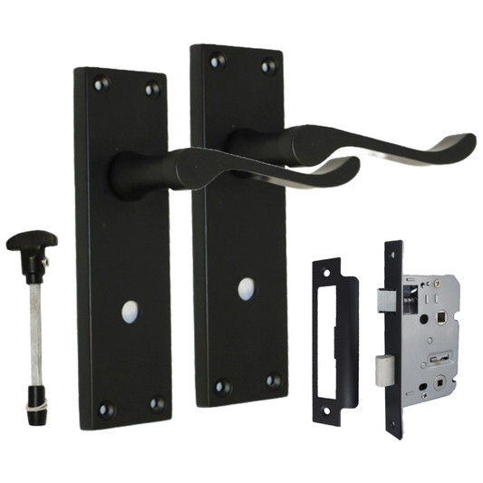 Matt Black Modern Victorian Scroll Bathroom Door Handles and Bath Lock Internal-