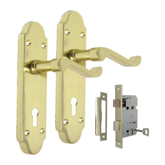 Brass Finish Epsom Victorian Scroll on Shaped Back Plate Lock Door Handle