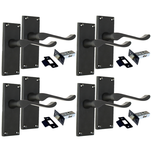 Matt Black Victorian Scroll  Lever Latch Door Handle, Including Tubular Latch, 4 Pairs