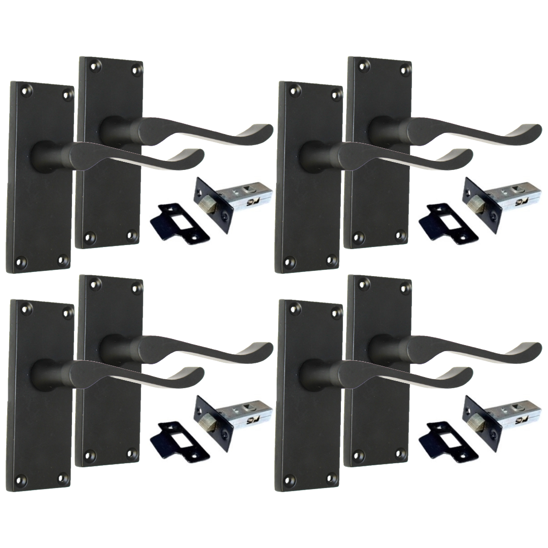 Matt Black Victorian Scroll Door Handle Lever Latch, Including Tubular Latchx4.a