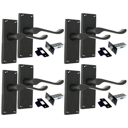 Matt Black Victorian Scroll Door Handle Lever Latch, Including Tubular Latchx4.a